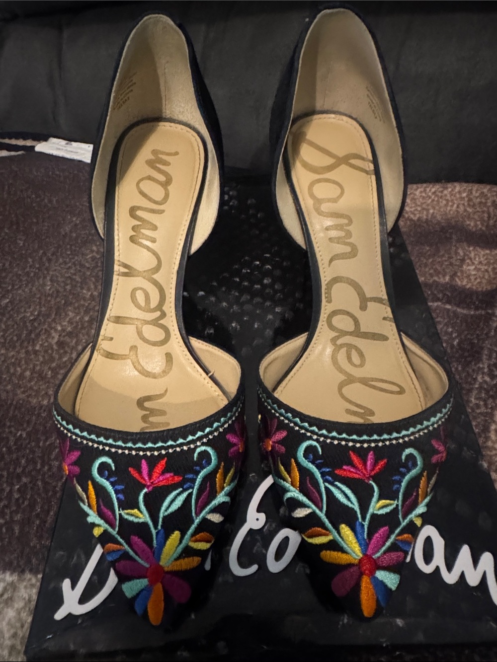 Sam Edelman Telsa Black Floral Embroidered High Heel Pumps